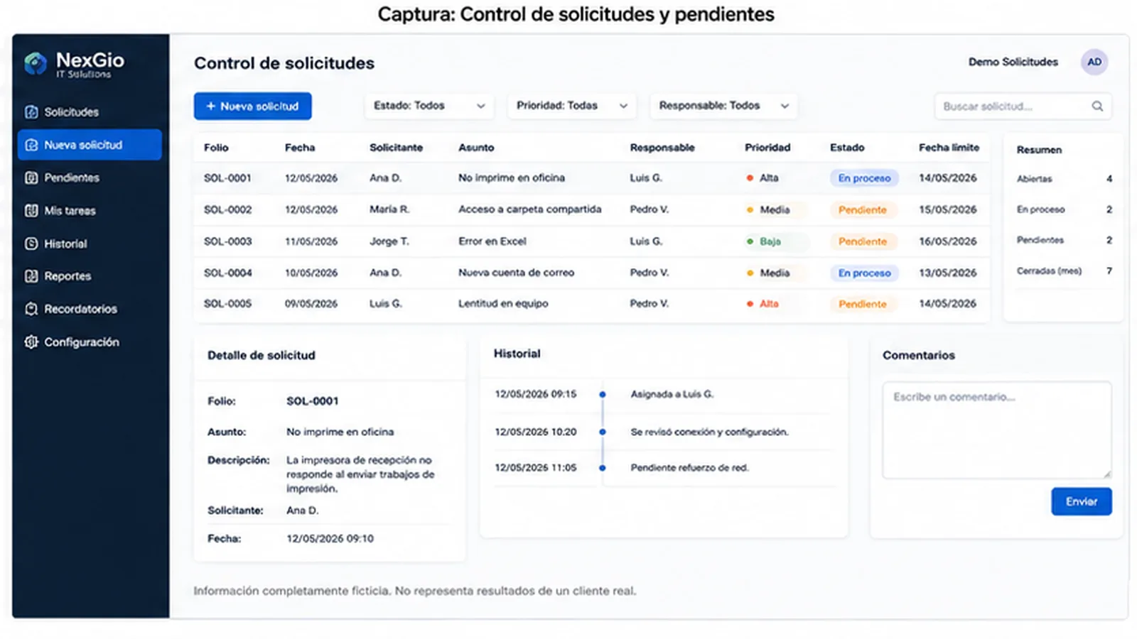 Captura ficticia de un panel de control de solicitudes con estado, prioridad e historial.