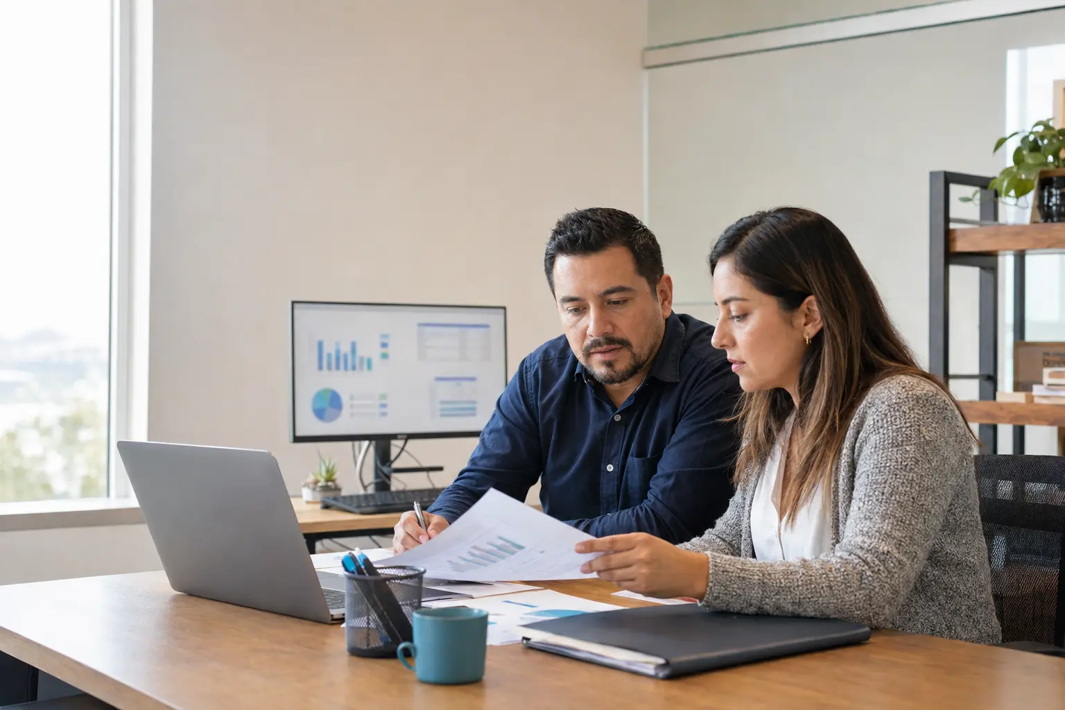 Dos personas revisan documentos y datos de un negocio en una computadora