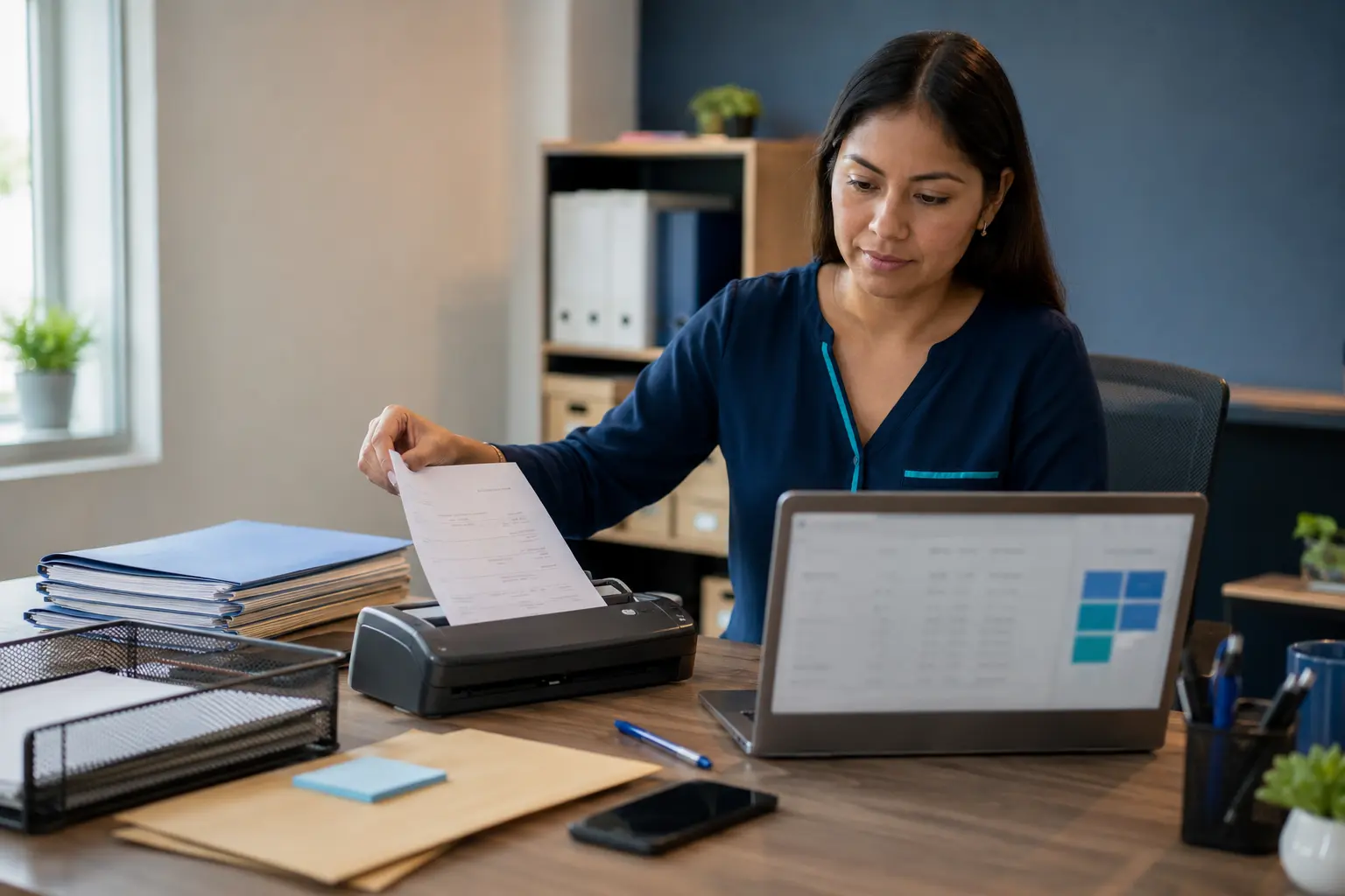 Profesional digitaliza un formulario y revisa un flujo administrativo en una laptop