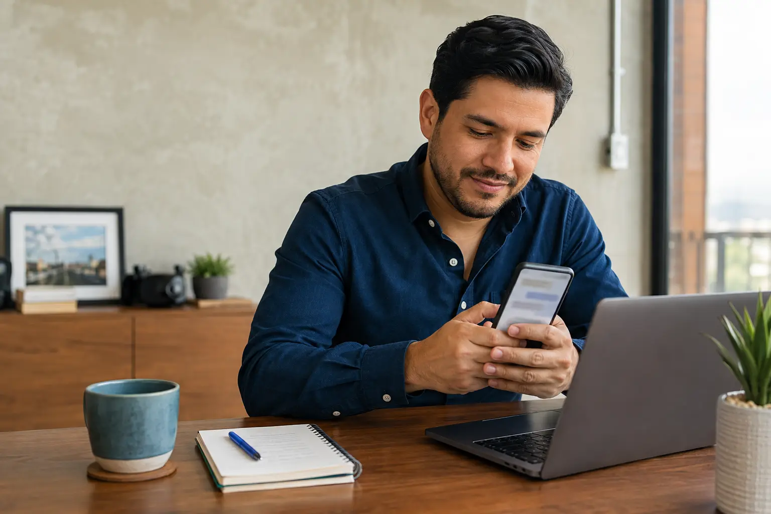Persona inicia una conversación desde su teléfono junto a una computadora